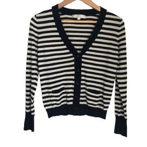 Loft women’s navy blue and beige v-neck boyfriend cardigan button down sweater
